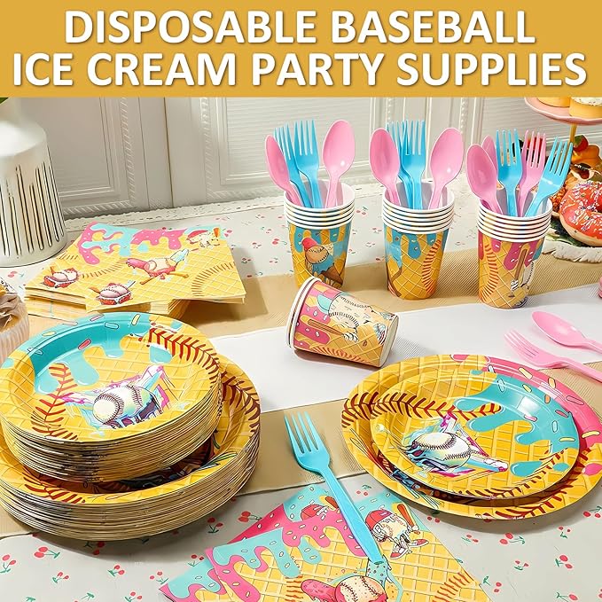 FoldTier 175 Pcs Ice Cream Drip Baseball Birthday Party Decorations Set Ice Cream Paper Plates Napkins Fork Set Disposable Fairy Tableware Decorations Supplies for Baby Shower Dinner Serves 25