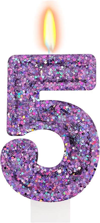 Deep Purple Glitter Birthday Candles for Girls - Number 5 Candle Cake Topper for Purple Fairy Birthday Party Decorations