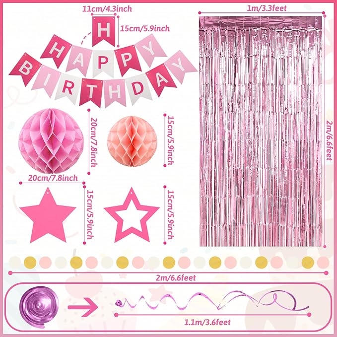 ZERODECO Birthday Decorations, Happy Birthday Banner with Paper Honeycomb, Star Hanging Swirl, Fringe Curtain, Garland, Birthday Party Decorations for Women Girls (Pink)