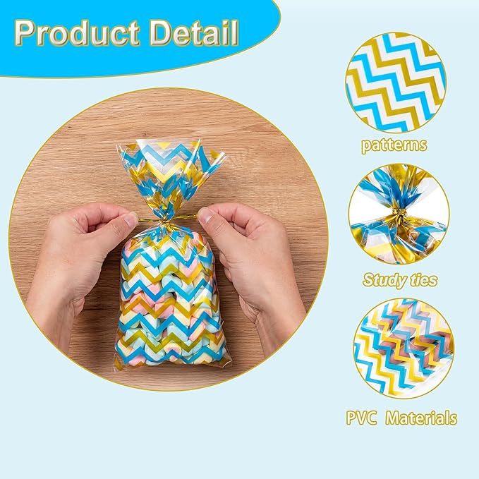 Aegero 120 Pack Pink/Gold (wave dots/ wave stripes /diagonal stripes/Star Printed)Cellophane Treat Bags,10.63 x 5.12 Inch Plastic Candy Goodies Bags with 140 Pcs Twists for Valentine,Birthday,Bakery,Wedding,Gift Cookie Snack Packing,Party Favor Supplies