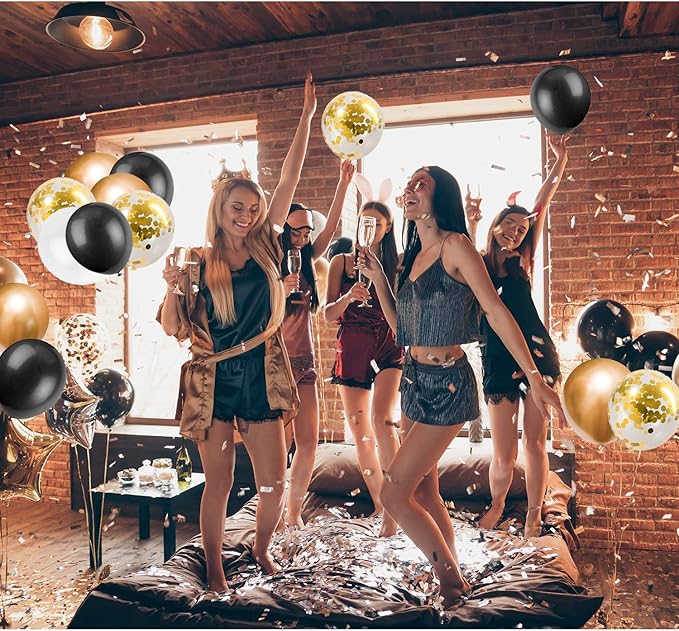 Whaline Black and Gold Balloons Garland Arch Kit 120Pcs 2026 Graduation Black White Metallic Gold Confetti Latex Balloons for New Year's Eve Wedding Anniversary Xmas Birthday Retirement Party Decor
