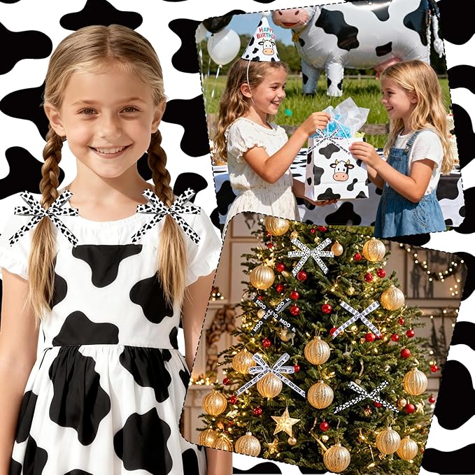 6 Roll Cow Print Ribbons, 3/8 Inch x 30 Yard Black White Cow Spot Ribbon, Gift Wrap Grosgrain Ribbons, Animal Print Craft Ribbon for Farm Party Favor Christmas Wreath Bow DIY Craft Decor