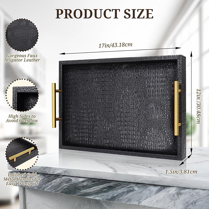 SXNOWS 17"x12" Black Faux Leather Serving Tray with Gold Handles, Rectangle Decorative Tray for Ottoman, Coffee Table, Kitchen, Bar, Gift for Home Decor