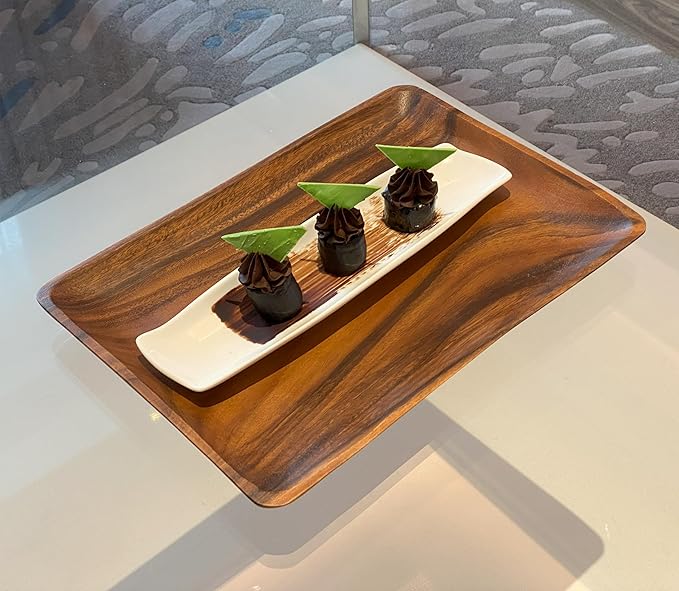 Acacia Wood Dinner Serving Tray Set of 2 – Size: Lg 14" x 10", Med 12" x 8", Richly Grained, Decorative Coffee Table, Ottoman, Food, Drink, Breakfast, Appetizer, Candle Display Trays, Joint-Free