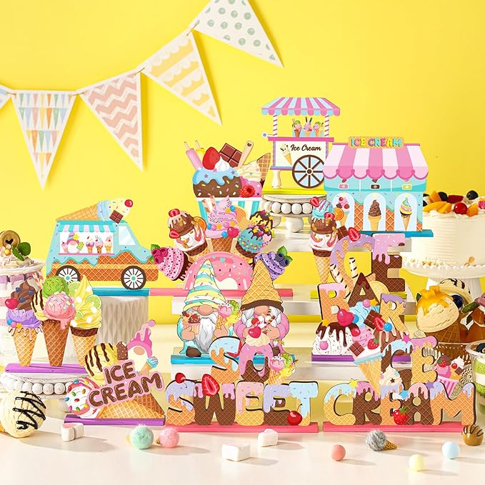 Marsui 12 Pcs Ice Cream Table Wooden Decorations Summer Ice Cream Table Centerpiece Tiered Tray Decor Signs Party Decorations Truck Gnome Home Decor for Summer Birthday Party Supplies