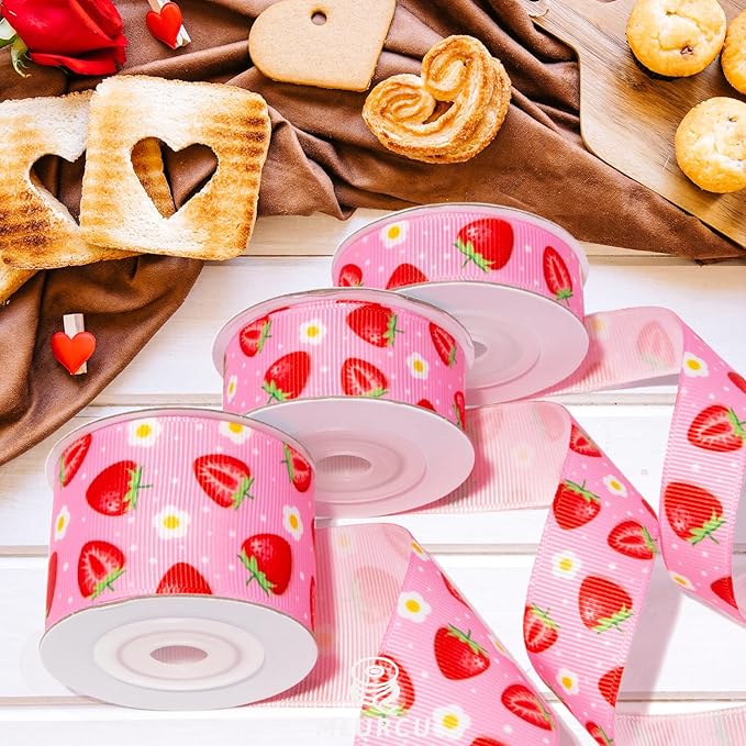 Strawberry Ribbon 3 Rolls Fruit Print Grosgrain Ribbons 5/8", 7/8", 1.5", Strawberry Printed Ribbon for Crafts, Gift Wrapping, Hair Bows, Summer Party, Scrapbooking, Holiday Decor