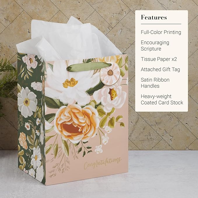 Christian Art Gifts Large Portrait Inspirational Gift Bag, Tag & Wrapping Tissue Paper Set for Women: Congratulations, Weddings, Anniversaries, Satin Ribbon Handles, Peach Pink/Gold Multicolor Floral