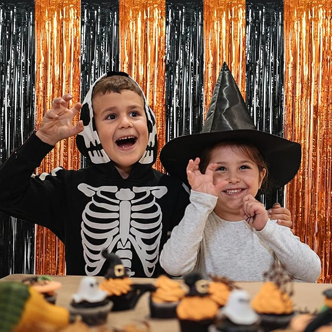 BEISHIDA 4 Pcs Black and Orange Party Streamers Fringe Foil Curtain Backdrop Tinsel Background Halloween Party Decorations for Door Wall Graduation Birthday Anniversary Halloween Party Decoration