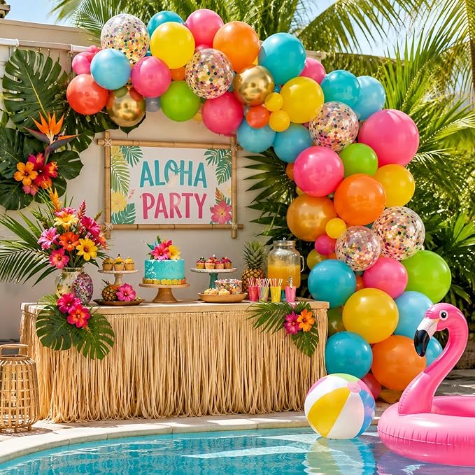 Tropical Balloons, 60Pcs Summer Balloon Hot Pink Orange Teal Blue Yellow Green Gold Colorful Balloons with Rainbow Confetti Balloon for Hawaiian Aloha Luau Pool Birthday Beach Party Decorations