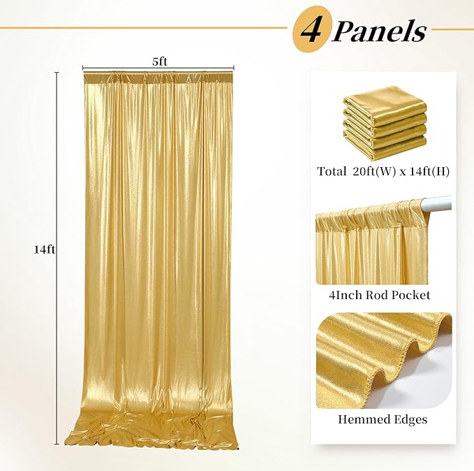 20x14FT Gold Sequin Backdrop Curtains, Wrinkle Free Glitter Drapes Photography Background, 4 Panels 5x14FT Non-Shedding Sparkle Curtain for Wedding Birthday Studio Party Decoration