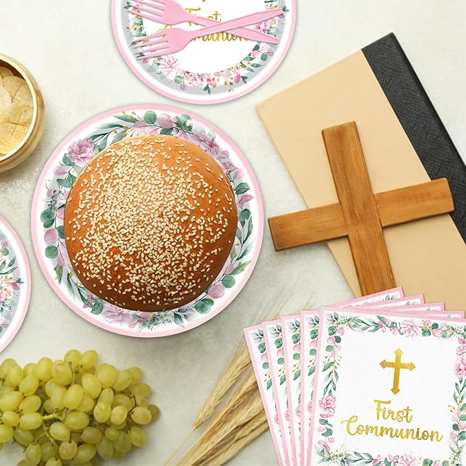 96 Pieces First Communion Floral Tableware Set – Pink Floral Cross Disposable Plates, Napkins for First Communion Party, Christening, Baptism, and Religious Celebrations – Serves 24 Guests