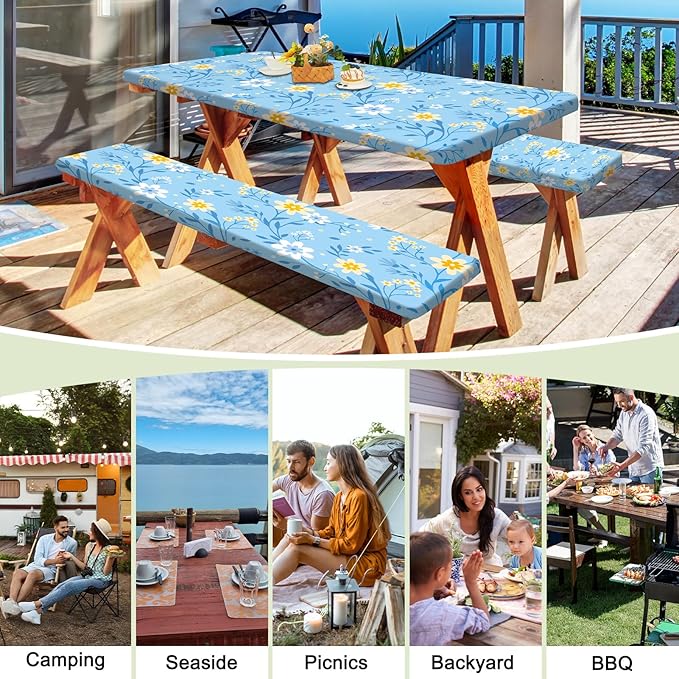 Picnic Table Cover with Bench Covers Portable Table Cloth Built-in Storage Pocket Fitted Tablecloth with Elastic Edges Waterproof Camping Essentials for Indoor Outdoor Rv,72in,Light Blue