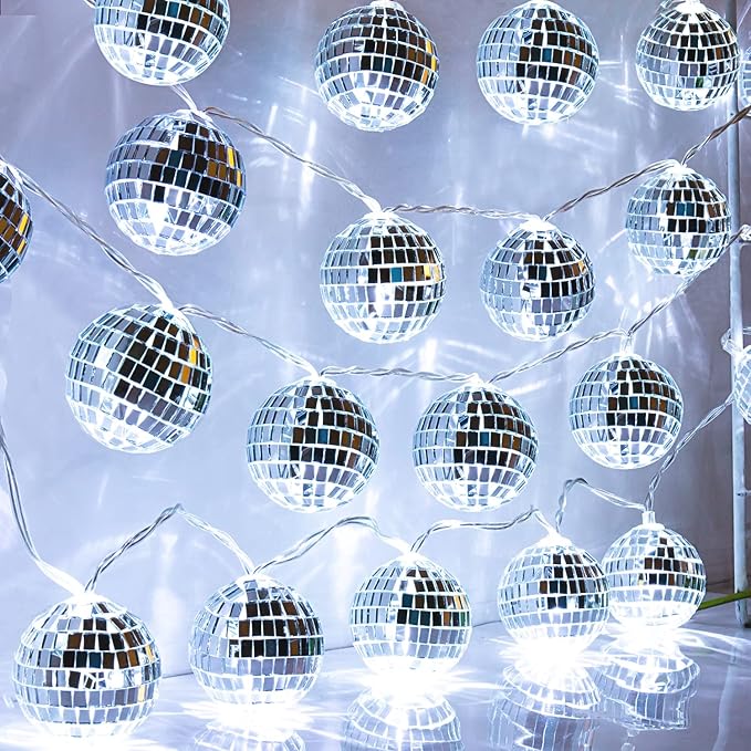 AceList 50 LED 16.4Ft Disco Ball String Light - Battery Powered and USB Plug, Disco Ball Lights for 70's Disco Party Decorations and Birthday Parties, Mamma Mia (Silver)