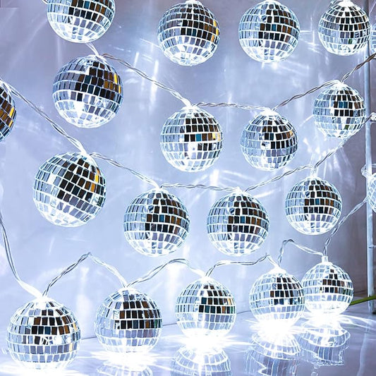 AceList 50 LED 16.4Ft Disco Ball String Light - Battery Powered and USB Plug, Disco Ball Lights for 70's Disco Party Decorations and Birthday Parties, Mamma Mia (Silver)