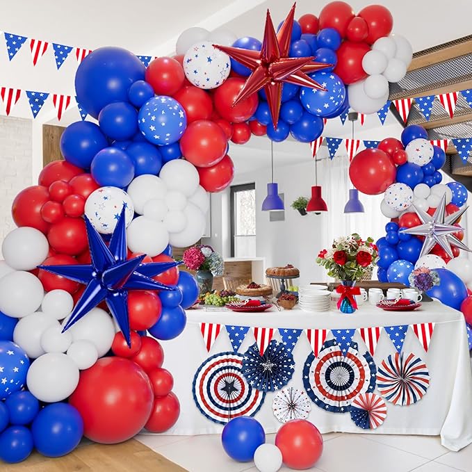 161pcs Red White and Blue Balloon Arch Kit Patriotic Balloons with Explosion Star Balloons for 4th of July Balloon Garland Nautical Veterans Memorial Day Baseball Graduation Party Decorations
