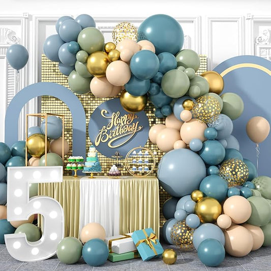 Dusty Blue Balloon Garland Arch Kit, Sage Green Dusty Blue Sand White Gold with Confetti Latex Balloons for Boy Baby Shower Wedding Birthday Party Decorations