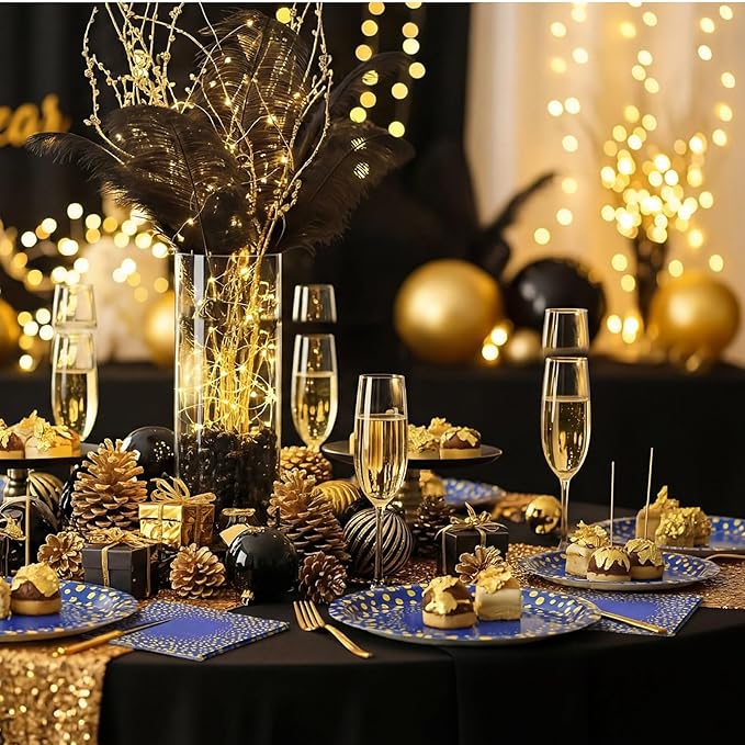 Yungyan 96 Pcs Blue and Gold Party Supplies Disposable Tableware Set Include 24 Dots on Blue Paper Napkins 24 Large Plates 24 Small Plates 24 Forks for Graduation Birthday Party Decorations