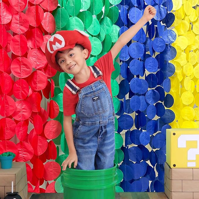 205Ft Mario Party Decorations Red Green Blue Yellow Big Polka Dot Tissue Paper Backdrop Streamer Circle Dot Hanging Garland for Birthday Baby Shower Carnival Circus Clown Fiesta Colorful Party