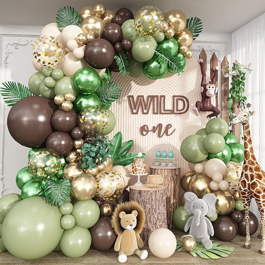 Sage Green Brown Balloon Garland Arch Kit, 120pcs Retro Olive Green Coffee Cream Metallic Gold Latex Safari Balloons for Forest Jungle Wild One Birthday Woodland Baby Shower Party Decorations