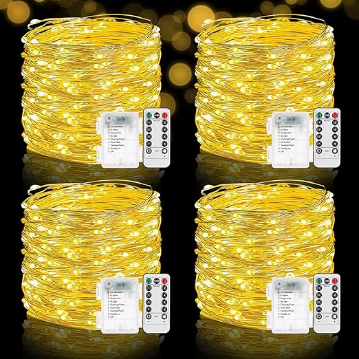 4 Pack Fairy Lights Battery Operated with Remote, 33FT 100LED Waterproof Twinkle String Lights with Timer & 8 Modes,for Indoor Outdoor Patio Garden Wedding Party Christmas Decor-Warm White