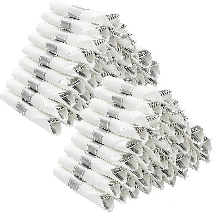 BESTVIP 100 Pack Pre Rolled Silver Plastic Silverware Set, Disposable Wrapped Cutlery Set with 100 Napkins, 100 Knives, 100 Forks and 100 Spoons for Party, Birthday