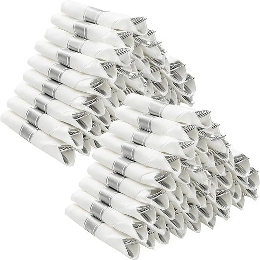 BESTVIP 100 Pack Pre Rolled Silver Plastic Silverware Set, Disposable Wrapped Cutlery Set with 100 Napkins, 100 Knives, 100 Forks and 100 Spoons for Party, Birthday