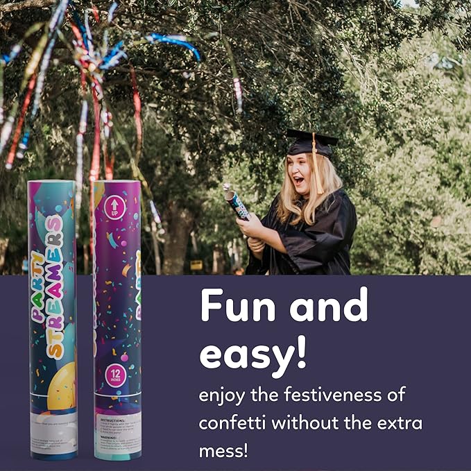 No Mess Streamer Confetti Cannon Party Poppers | 6 Pack | Multicolor Streamers | Glitter Bomb Confetti Shooters | Decoration for Birthday, Wedding | Launches 25 ft | 12 inch | TUR Party Supplies