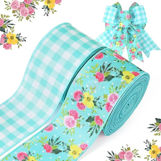 LaRibbons Blue Floral Ribbon Wired 2 Rolls 2.5 Inch x 20 Yards TTL, Rose Flower and Buffalo Plaid Burlap Ribbon for Spring Summer Crafts Gift Wrapping Wreath Bow Basket Decoration