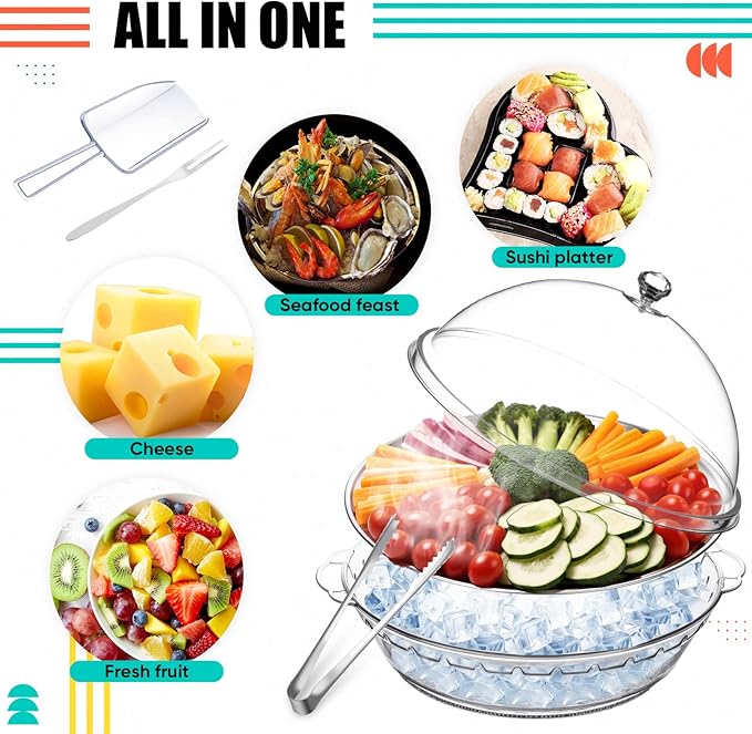 Baderke 11.8" Chilled Serving Tray for Parties with Compartments and lid Ice Chilled Party Platter Charcuterie Serving Board Cold Dish Dip for Fruit Seafood Vegetable Shrimp Cocktail(Silver,1 Pcs)