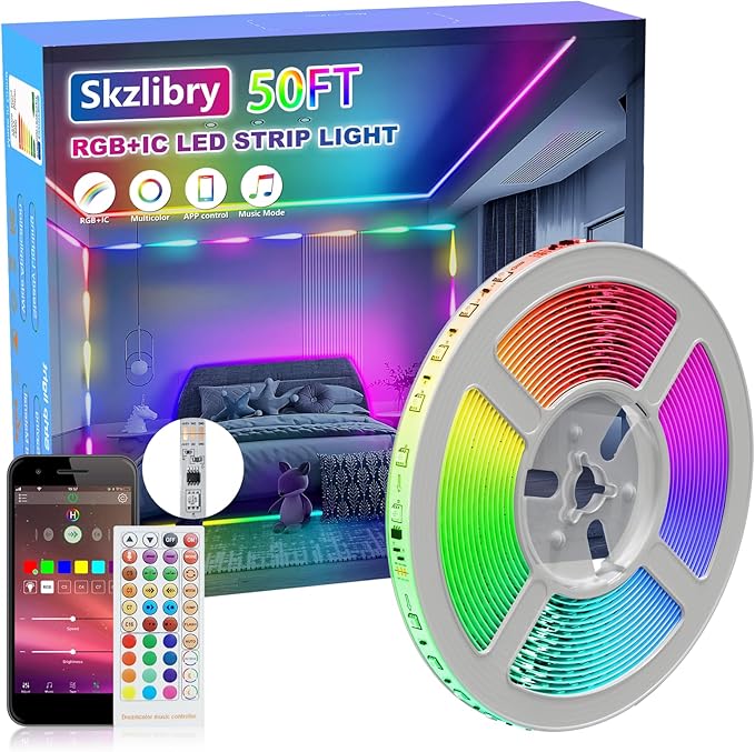 50FT LED Strip Lights, RGB+IC LED Lights for Bedroom Supports Color Changing, Music Sync, Timer Function, Bluetooth Rope Light APP and IR Control for Room Decor