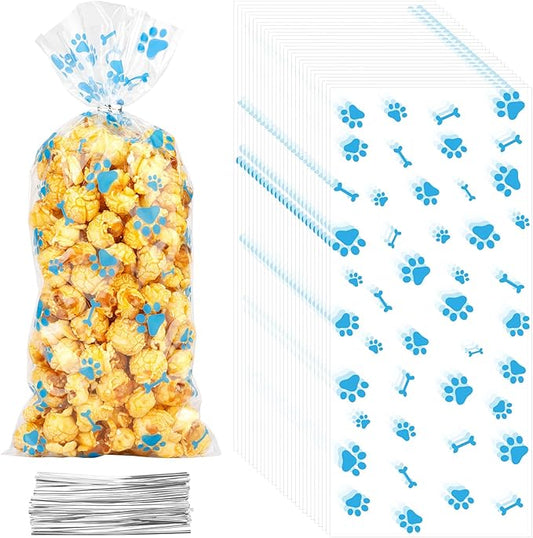 eowqeiur 50 PCS Blue Plastic Dog Paw Cellophane Treat bags with Ties Goodie Candy Cookie Goody Gift Bags Pouches Clear Baby Shower Pet Puppy Birthday Party Favors Supplies Wrapping Stuffers(5x11)