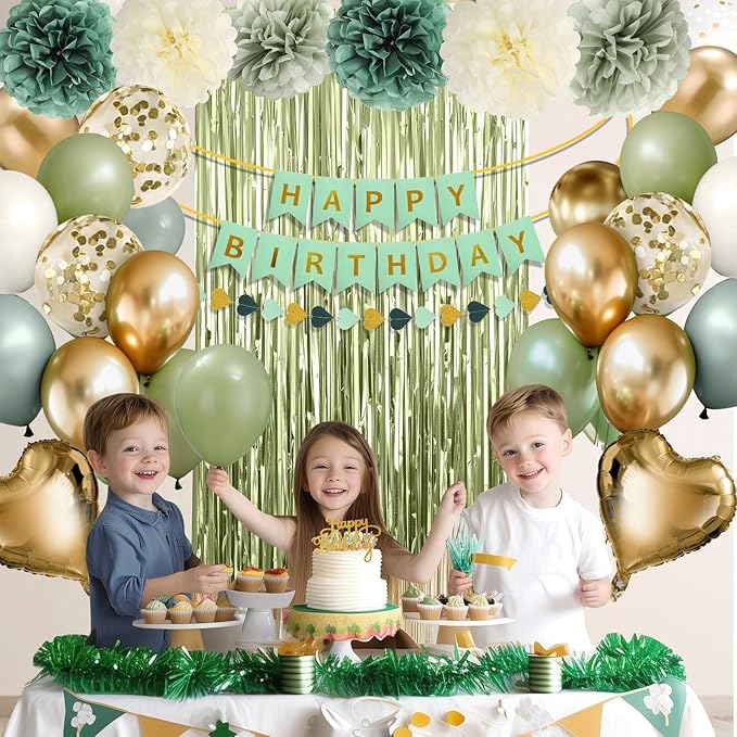 Sage Green Birthday Decorations for Women, Happy Birthday Party Decorations, Happy Birthday Banner, Green Balloons, Foil Fringe Curtains, Tissue Paper Pompoms, Heart Garland, Party Decor for Girls