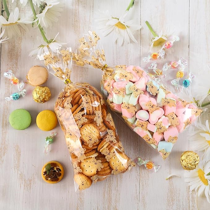 100 Pcs 5 x 11 Inch Clear Cellophane Treat Bags with 100 Gold Twist Ties, Bear Printed Food-Safe Plastic Bags for Gift Wrapping, Birthday, Wedding, Valentine's Day, Party, Classroom Gifts