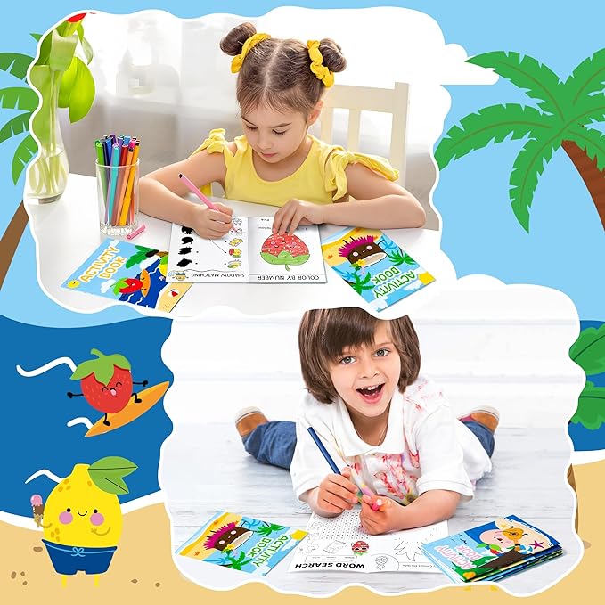 Summer Activity Books for Kids - 96Pcs Fruits Coloring Books Set Bulk Summer Tropical Search Mazes Word Scramble Games Mini Books for Party Goodie Bags Stuffers School Classroom Favors