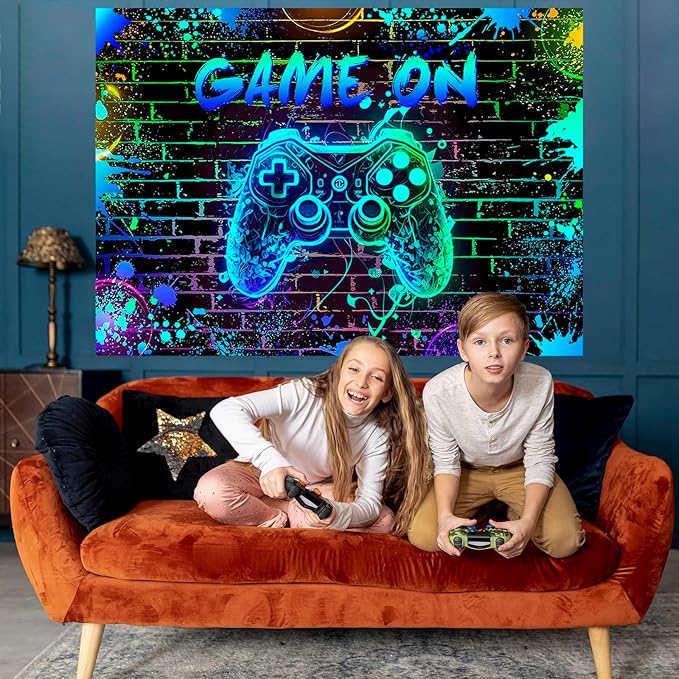 Mocsicka Game On Backdrop Video Game for Boys Level Up Birthday Party Decoration Game Night Arcade Neon Glow Gamer Banner Photography Background (Blue, 7x5ft(82"x60"))
