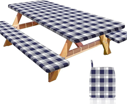 Picnic Table Cover with Bench Covers Portable Table Cloth Built-in Storage Pocket Fitted Tablecloth with Elastic Edges Waterproof Camping Essentials for Indoor Outdoor Rv,72in,Blue