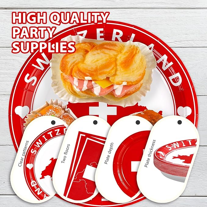 Grencian 96Pcs Switzerland Party Supplies Swiss Flag Plates and Napkins Disposable Switzerland Paper Plates Swiss National Day Decorations Tableware Kit for Football Events Travel, Cultural