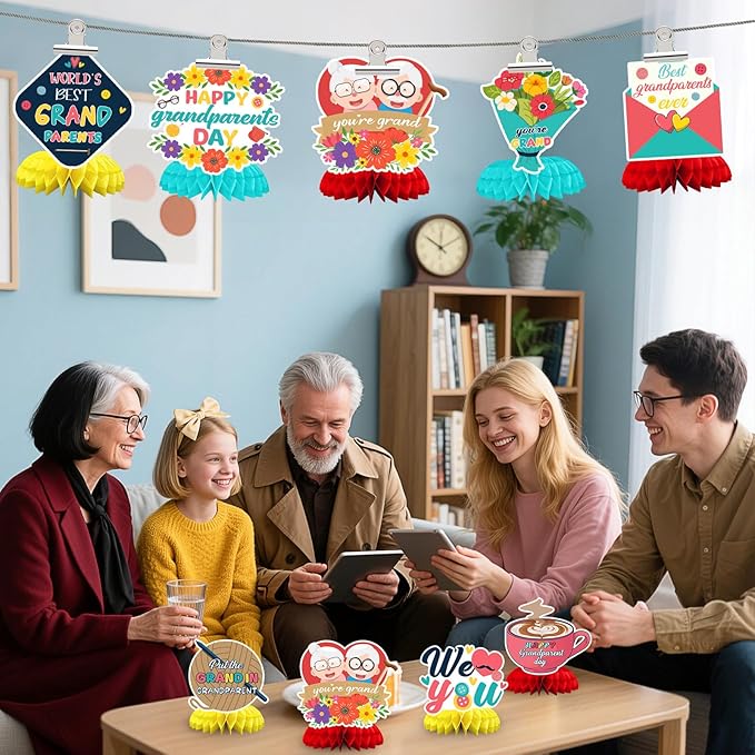 JULMELON 8PCS Happy Grandparents Day Decorations, Double Side Honeycomb Centerpieces for Tables Grandma and Grandpa Party Decorations Supplies