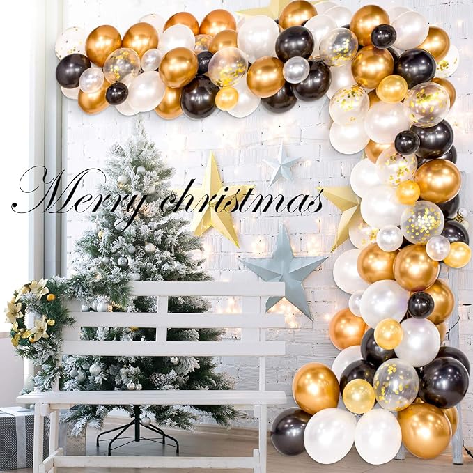 Whaline Black and Gold Balloons Garland Arch Kit 120Pcs 2026 Graduation Black White Metallic Gold Confetti Latex Balloons for New Year's Eve Wedding Anniversary Xmas Birthday Retirement Party Decor
