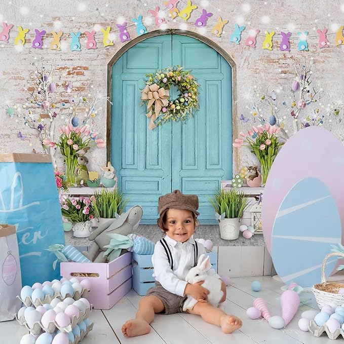 Mocsicka Easter Backdrop Blue Wooden Door with Brick Wall Bunny Rabbit Spring Photography Background Easter Day Party Decorations Photo Studio Props