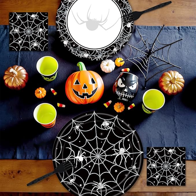 96 Pieces Halloween Tableware Set – Spider Web Themed Disposable Party Supplies with Paper Plates, Napkins, and Forks for Haunted House Parties, Spooky Dinners, and Halloween Events – Serves 24