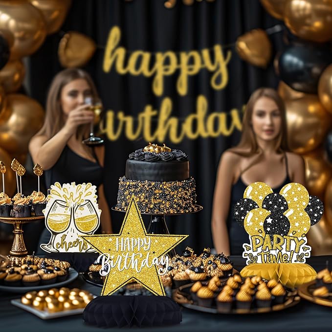 Black and Gold Birthday Decorations – 12Pcs Honeycomb Table Centerpieces, Elegant Party Table Toppers for Women, Classy Black Gold Birthday Party Supplies