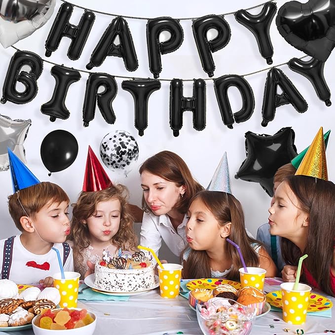 CANREVEL Happy Birthday Balloons Banner 16 Inch Mylar Foil Letters with Star & Heart Balloons Birthday Party Decorations for Men and Women - 30 Pcs Black