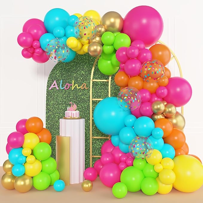 Amandir 153pcs Tropical Balloons Arch Garland Arch Kit, Different Sizes 18 12 10 5 inch Hot Pink Green Blue Latex Metallic Confetti Luau Balloons for Summer Beach Aloha Hawaiian Pool Party Decoration