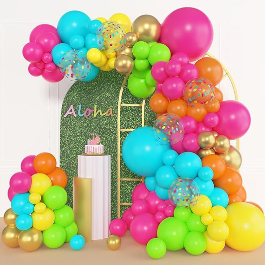 Amandir 153pcs Tropical Balloons Arch Garland Arch Kit, Different Sizes 18 12 10 5 inch Hot Pink Green Blue Latex Metallic Confetti Luau Balloons for Summer Beach Aloha Hawaiian Pool Party Decoration