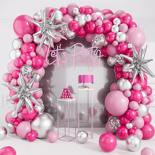 Hot Pink Silver Balloons Arch Garland Kit-Macaron Pink Balloon Silver Explosion Star Foil 127Pcs for Baby Princess Birthday,Baby Shower,Anniversary,Wedding,Graduation Party Decorations.