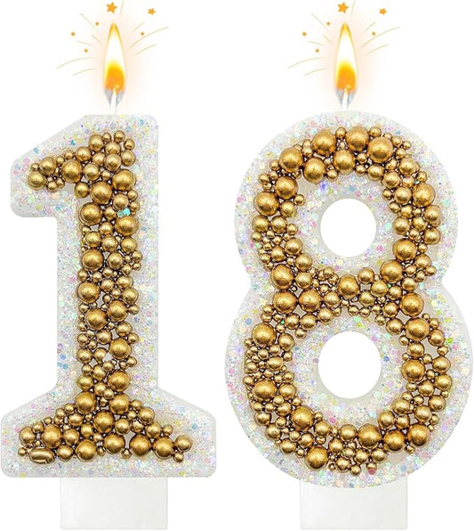 18 Birthday Number Candle for Cake, Glitter Number Candle with Gold Beads, Decorative Cake Topper for Milestone Celebrations
