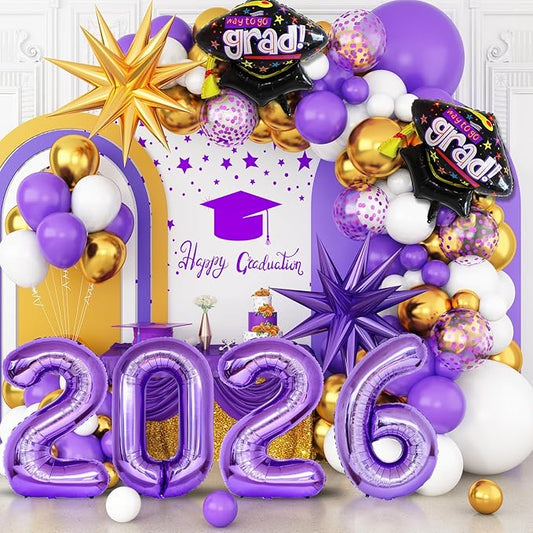 Graduation Balloons Garland Arch Kit, Graduation Balloons Class of 2026, Purple and White Gold Latex Balloon with Foil Balloon for Class of 2026 Party Decor