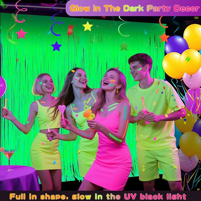 Glow in The Dark Party Supplies 2 Pack Neon Party Decorations Fluorescent Tinsel Foil Fringe Curtains Photo Booth Prop Backdrop Streamer Blacklight Decorations (Neon Green)