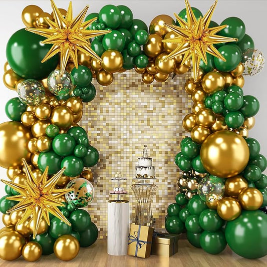RUBFAC Green and Gold Balloon Garland Arch Kit, 140pcs Graduation Decorations Latex Balloons, Dark Green Gold Confetti Star Balloon for Birthday Wedding New Year Party Decorations